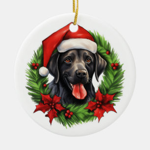 Black lab retriever holiday wreath ceramic ornament