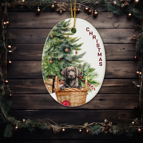 Black Lab Retriever Puppy Wicker Basket Christmas Ceramic Ornament