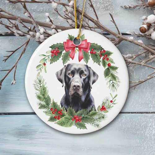 Black Lab Retriever Red Bow Holly Wreath Ceramic Ceramic Ornament