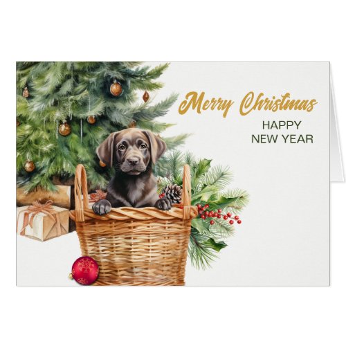 Black Lab Retriever Wicker Basket Christmas Card