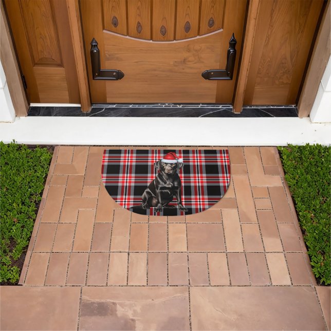Black Lab Santa Dog Red Seasonal Plaid Holiday Doormat (Outdoor)
