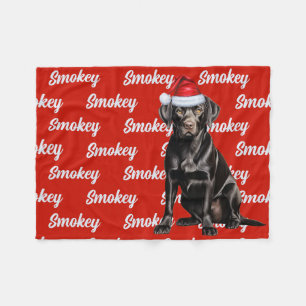 Black Lab Santa Dog with Custom Name Christmas Fleece Blanket