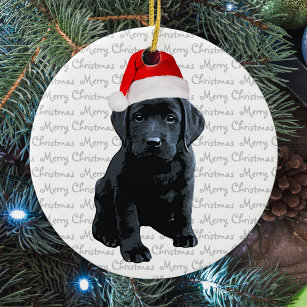 Black Lab Santa Puppy - Merry Christmas Labrador Ceramic Ornament