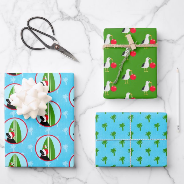 Black Lab Santa Surfboard Seagull Gift Wrap Set 3 (Front)