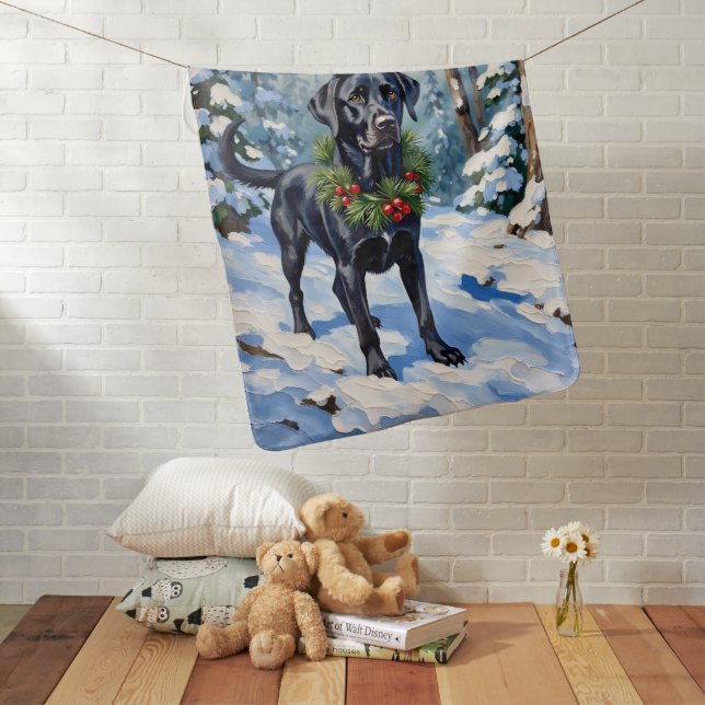 Black Lab Serene Winter Forest Christmas Holiday Baby Blanket (In Situ)