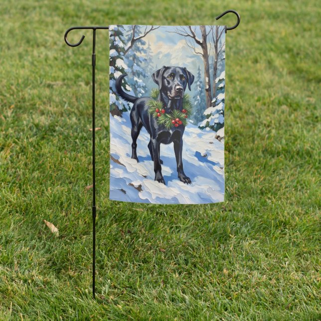 Black Lab Serene Winter Forest Christmas Holiday Garden Flag (In SItu)