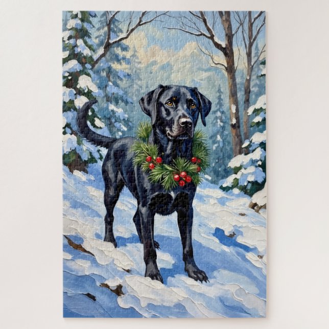 Black Lab Serene Winter Forest Christmas Holiday Jigsaw Puzzle (Vertical)