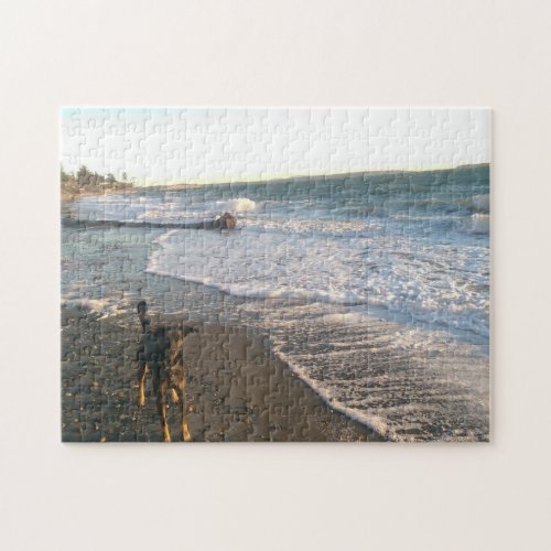 Black Lab Shepherd Dog Beach Ocean Victoria BC Jigsaw Puzzle