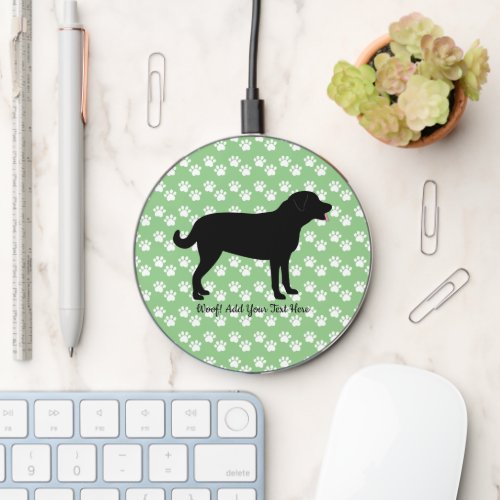 Black Lab Silhouette Paw Prints Personalized Text  Wireless Charger