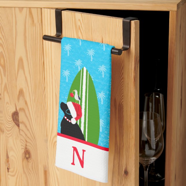 Black Lab Surfboard Dog Seagull Christmas Towel (Thirds Fold)