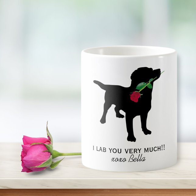 Black Lab Valentine Dog holding Red Rose Coffee Mug (Creator Uploaded)