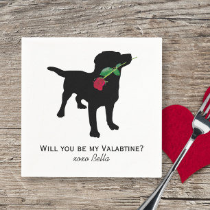 Black Lab Valentine Dog holding Red Rose Napkins