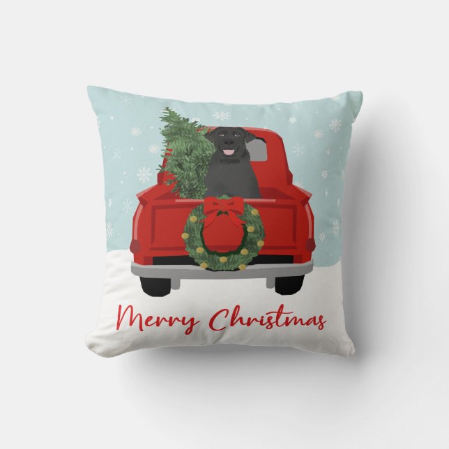 Black Lab Vintage Christmas Truck Throw Pillow (Front)