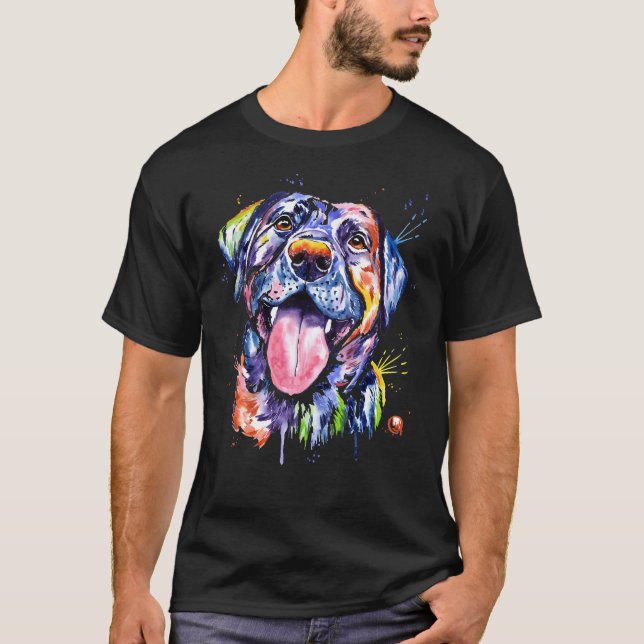 Black Lab Watercolor Pet Portrait Painting T-Shirt (Front)