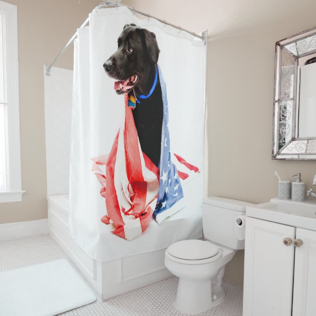 Black Lab with American Flag Shower Curtain (In Situ)