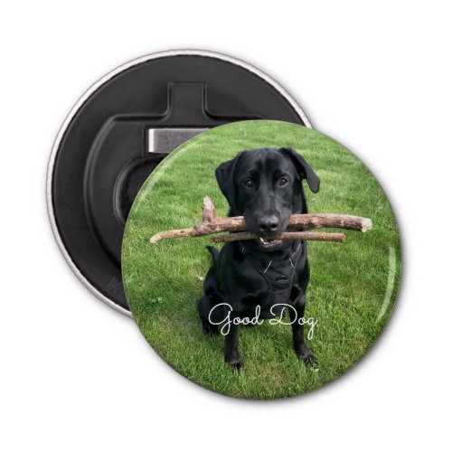 Black Lab with two sticks Dog Photo and Name Bottle Opener