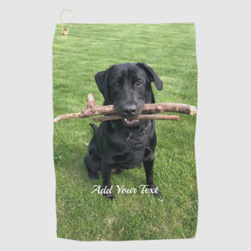 Black Lab with two sticks Dog Photo and Name Golf Towel