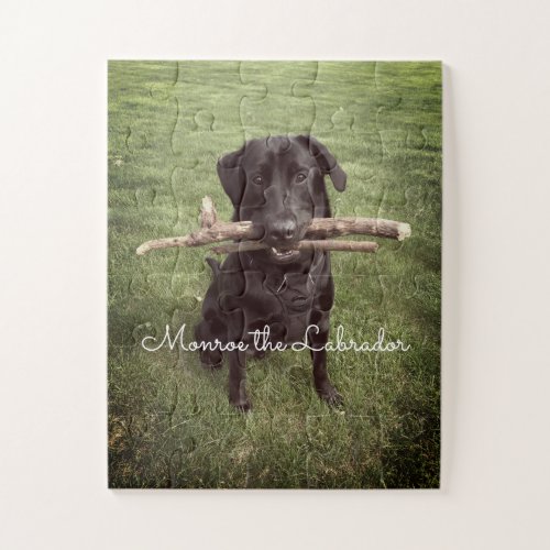 Black Lab with two sticks Dog Photo and Name Jigsaw Puzzle
