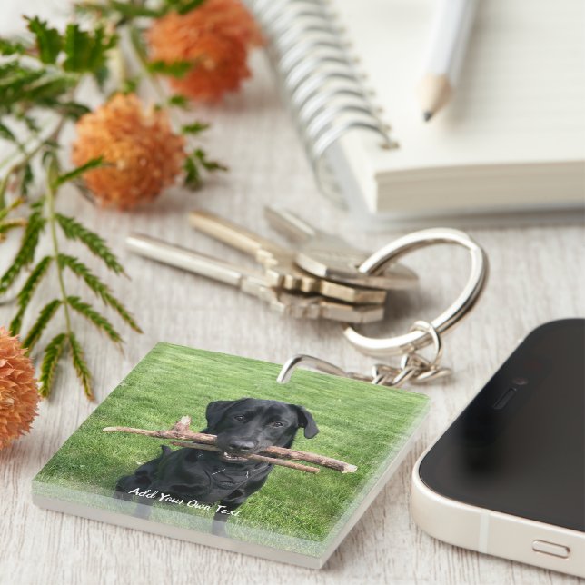 Black Lab with two sticks Dog Photo and Name Keychain (Front Right)