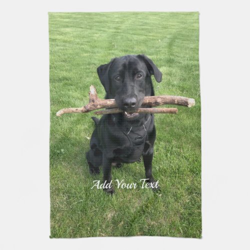 Black Lab with two sticks Dog Photo and Name Kitchen Towel