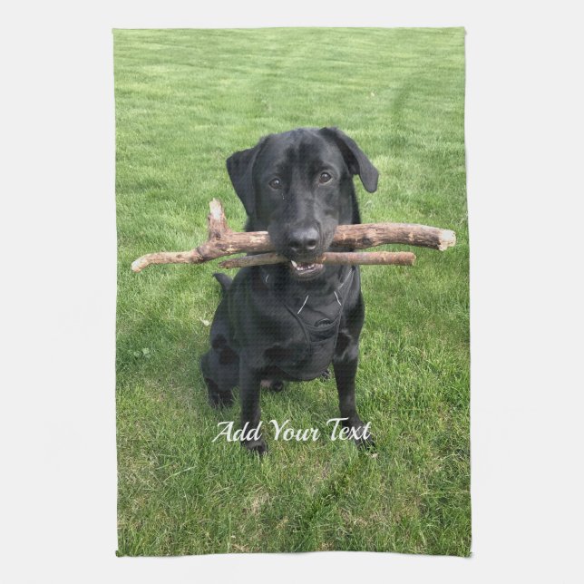 Black Lab with two sticks Dog Photo and Name Kitchen Towel (Vertical)
