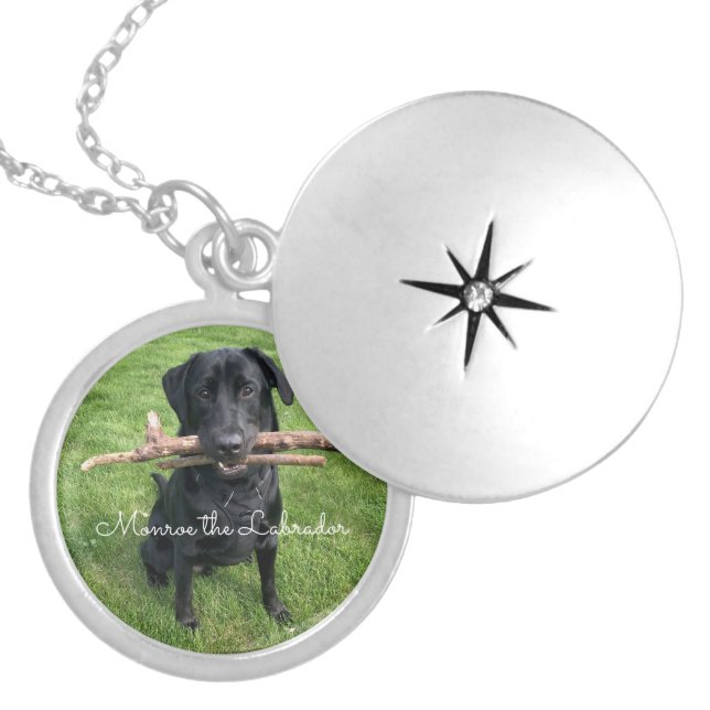 Black Lab with two sticks Dog Photo and Name  Locket Necklace (Front)