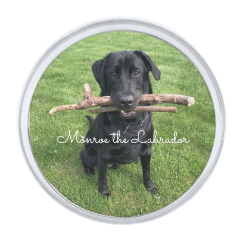 Black Lab with two sticks Dog Photo and Name Silver Finish Lapel Pin