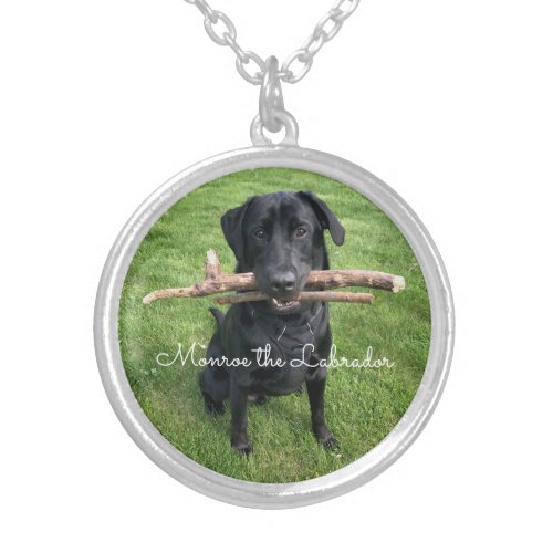 Black Lab with two sticks Dog Photo and Name Silver Plated Necklace