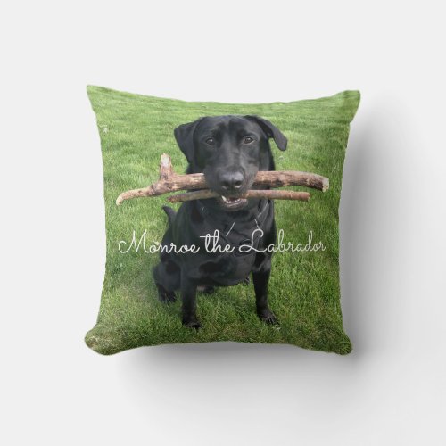 Black Lab with two sticks Dog Photo and Name Throw Pillow
