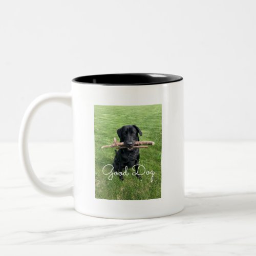 Black Lab with two sticks Dog Photo and Name Two_Tone Coffee Mug