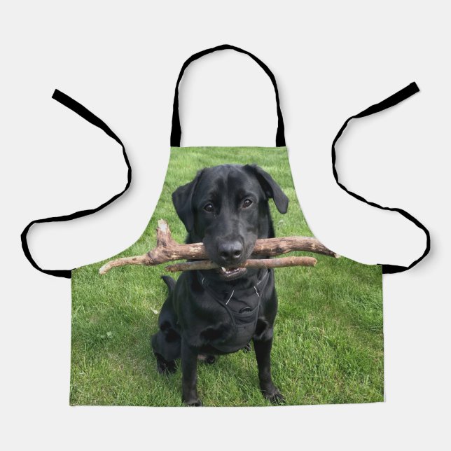 Black Lab with two sticks Dog Photo Apron (Front)