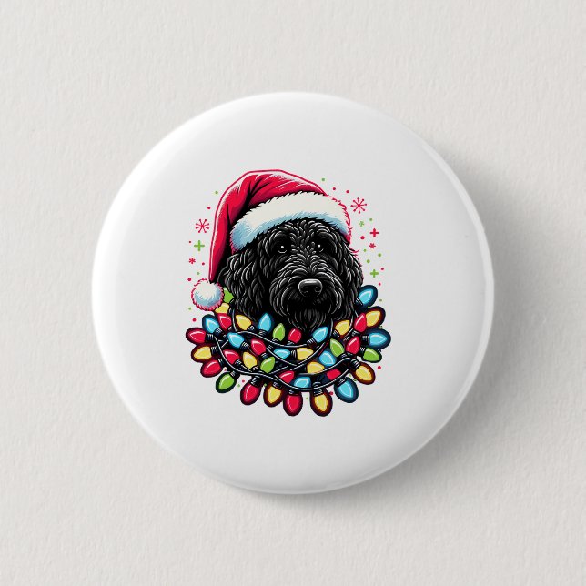 Black Labradoodle Christmas Tree Xmas Lights Doodl Button (Front)