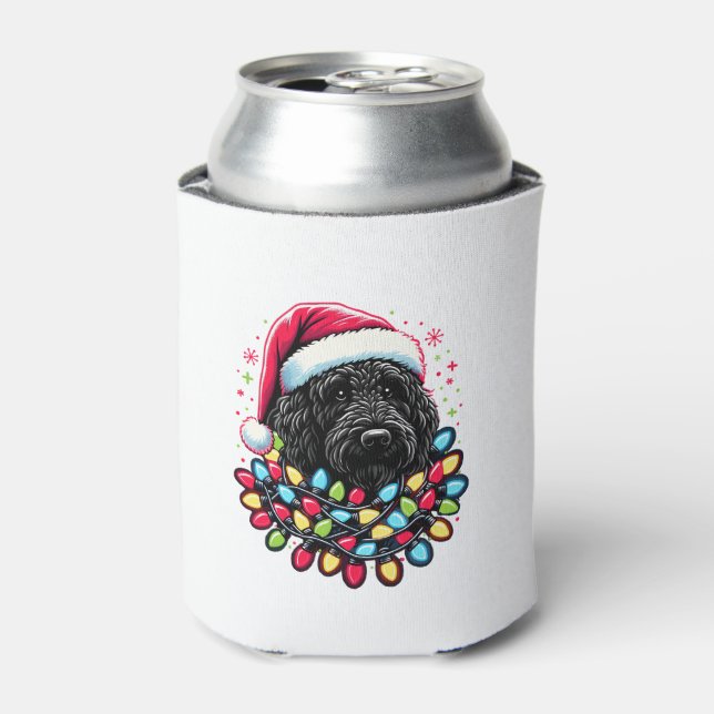 Black Labradoodle Christmas Tree Xmas Lights Doodl Can Cooler (Can Front)