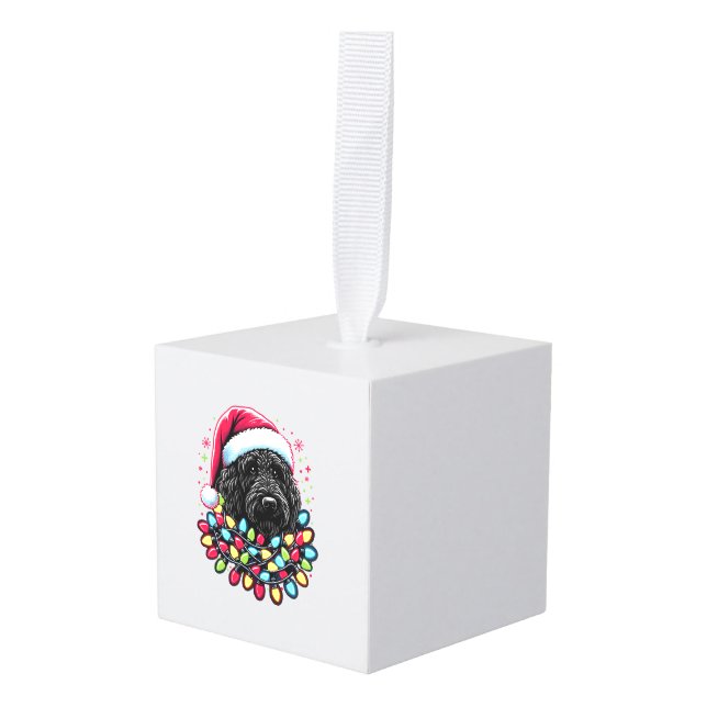 Black Labradoodle Christmas Tree Xmas Lights Doodl Cube Ornament (Front Angled)