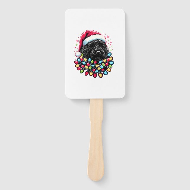 Black Labradoodle Christmas Tree Xmas Lights Doodl Hand Fan (Front)