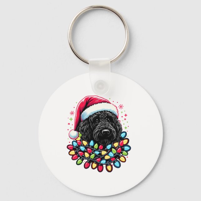 Black Labradoodle Christmas Tree Xmas Lights Doodl Keychain (Front)