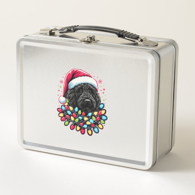 Black Labradoodle Christmas Tree Xmas Lights Doodl Metal Lunch Box (Front)