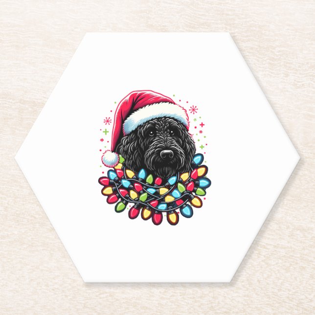 Black Labradoodle Christmas Tree Xmas Lights Doodl Paper Coaster (Front)