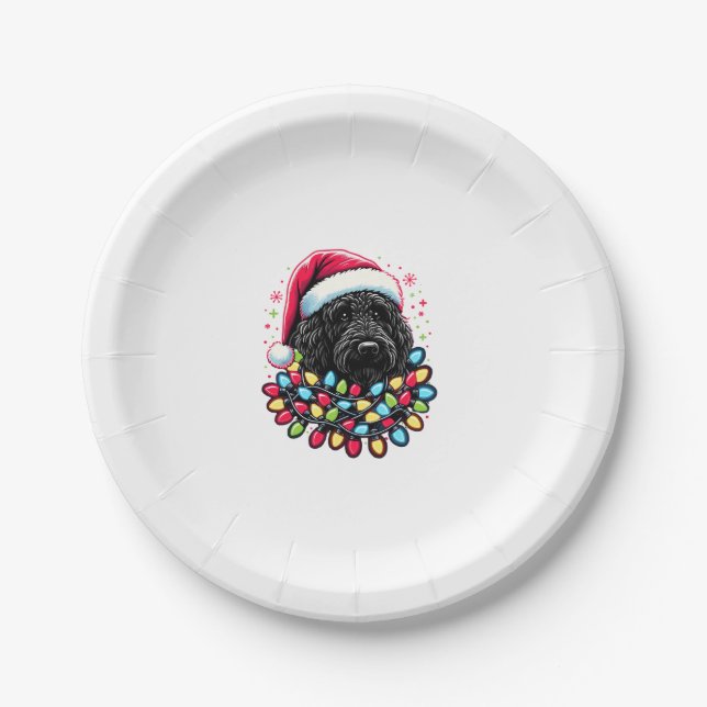 Black Labradoodle Christmas Tree Xmas Lights Doodl Paper Plates (Front)