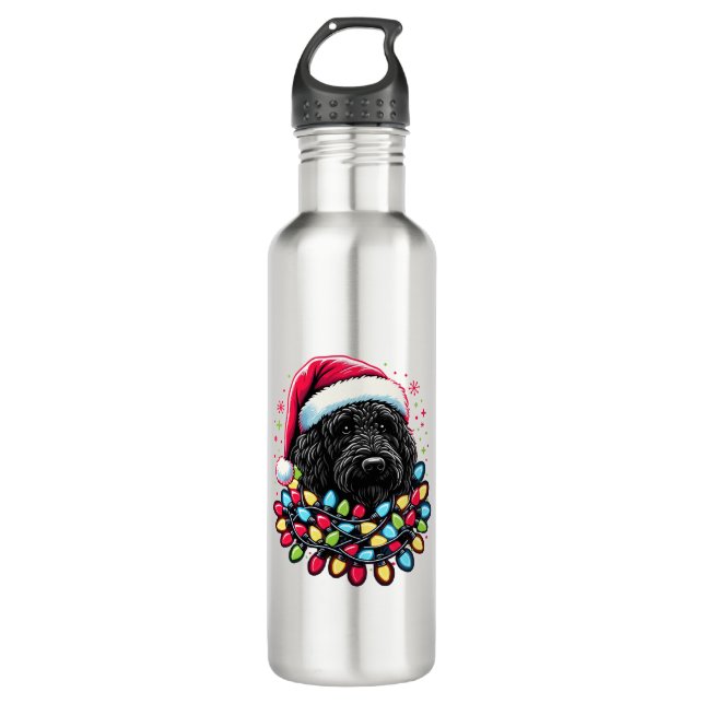 Black Labradoodle Christmas Tree Xmas Lights Doodl Stainless Steel Water Bottle (Front)