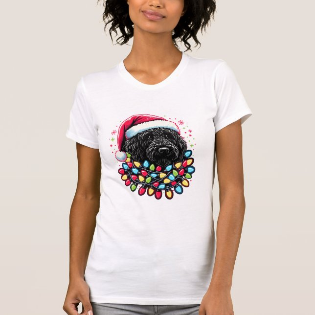 Black Labradoodle Christmas Tree Xmas Lights Doodl T-Shirt (Front)