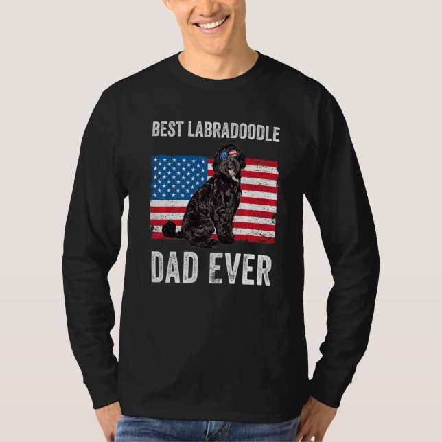 Black Labradoodle Dad American Flag Dog  Owner Fun T-Shirt (Front)
