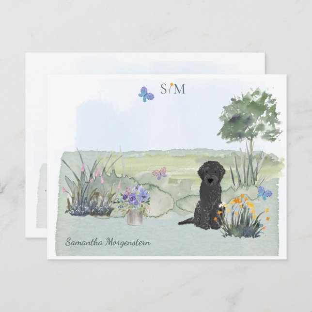 Black Labradoodle Dog Butterfly Monogram & Name  Note Card (Front/Back)