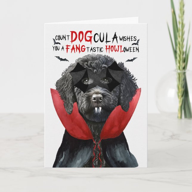 Black Labradoodle Funny Count DOGcula Halloween Holiday Card (Front)