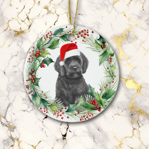 Black Labradoodle Puppy Holly Wreath Christmas Ceramic Ornament