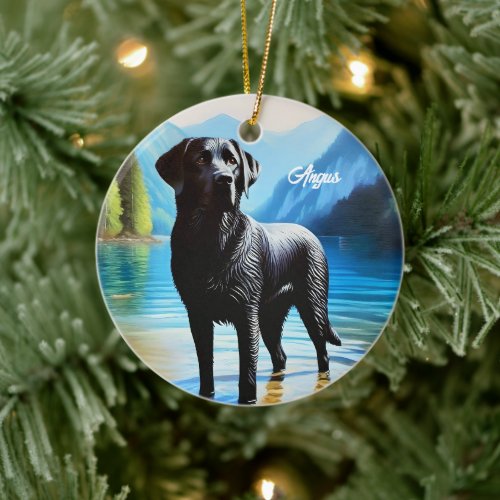 Black Labrador and Lake Ceramic Ornament