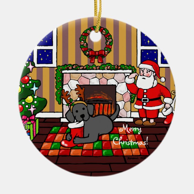 Black Labrador and Santa Christmas Cartoon Ceramic Ornament (Front)