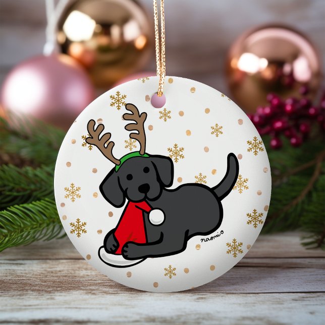Black Labrador and Santa Christmas Cartoon Ceramic Ornament (Black Labrador Santa Christmas Ornament for Labrador Owners.  Personalized gift idea.)