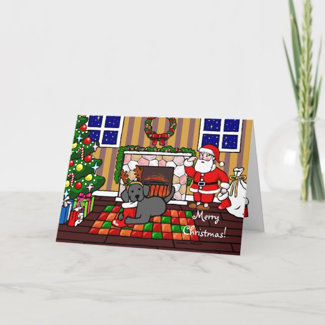 Black Labrador and Santa Christmas Cartoon Holiday Card (Front)