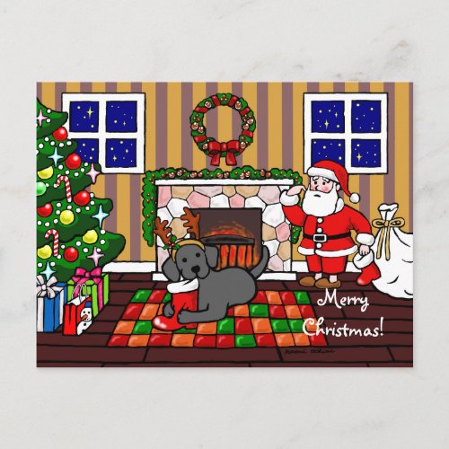 Black Labrador and Santa Christmas Cartoon Holiday Postcard